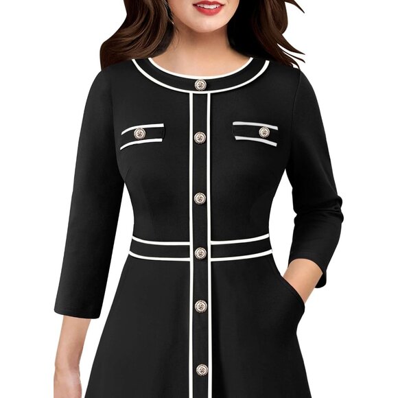 Women's Business Office Dress Slit Fit Flare Midi A-Line Work Casual - Picture 3 of 6